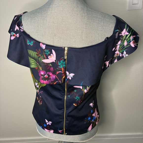 Ted Baker Navy Floral Off-Shoulder Blouse, size 3 like US size 6-8 - Picture 3 of 7